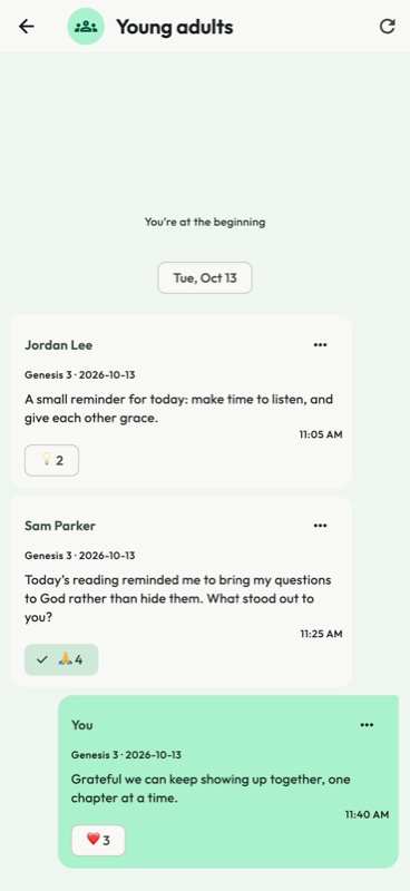 A CSWM group conversation with fictional members sharing reflections and emoji reactions