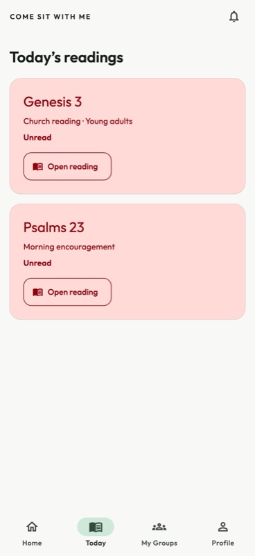 CSWM Today screen showing Genesis 3 and Psalms 23, with an Open reading button for each chapter